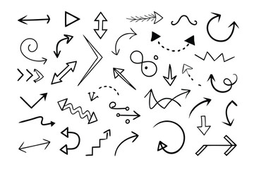 Arrow icons set. Vector black directional pointers. Flat hand-drawn line doodle style.