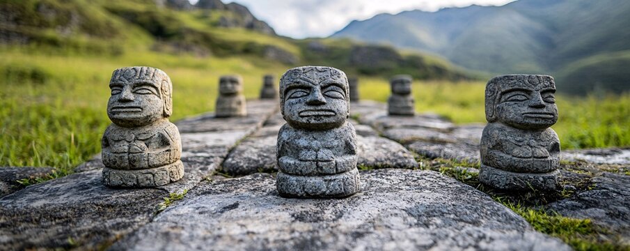 Ancient Incan treasures, golden masks and idols displayed in a grand stone temple, guarded by fierce warriors"