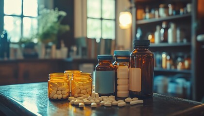 Medicine and pain relief products on a table, bottles and pills for managing painful conditions, medical and healthcare context