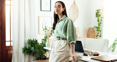 Office, interior designer and portrait of business woman with confidence, pride and startup career....