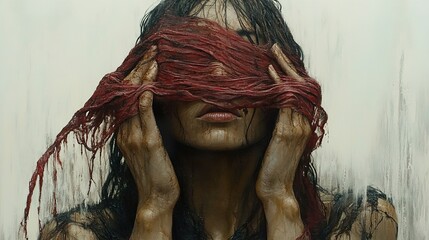 Woman with Red Cloth Covering Her Eyes - A Dramatic Portrait