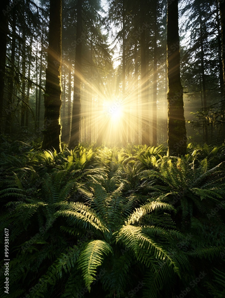 Poster golden sunlight filtering through the trees of an ancient forest, casting a warm glow over everythin