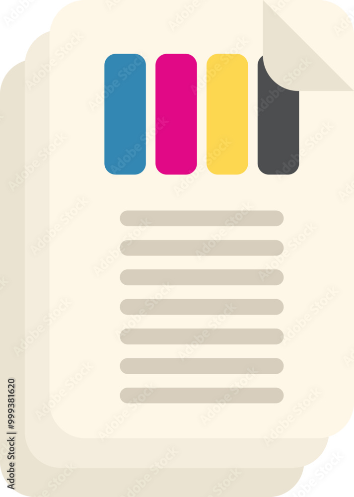 Poster stack of papers features a cmyk color palette, symbolizing the printing process