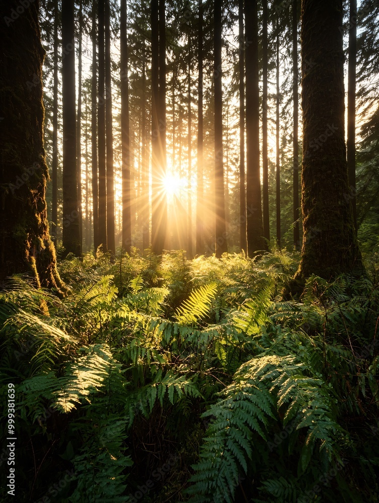 Poster golden sunlight filtering through the trees of an ancient forest, casting a warm glow over everythin