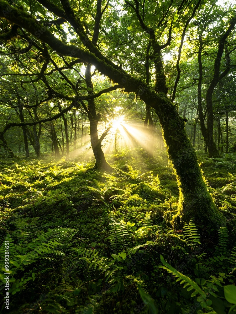 Poster golden sunlight filtering through the trees of an ancient forest, casting a warm glow over everythin