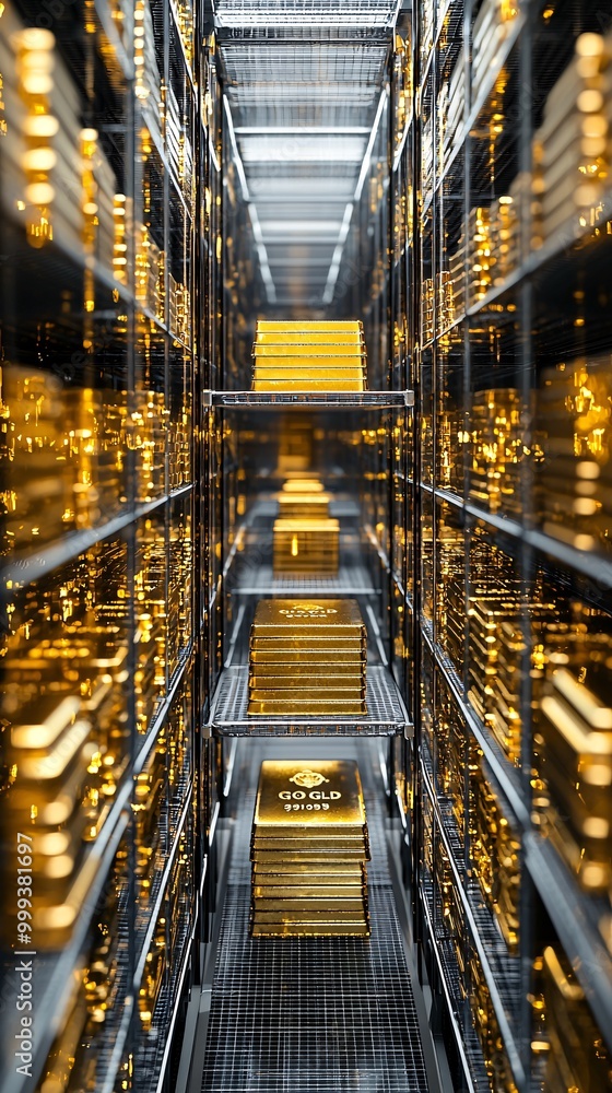 Poster rows of gleaming gold bars stored in a high-security vault, the ultimate symbol of wealth and protec