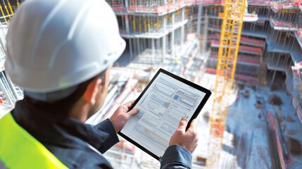 Generate a photo realistic image of project administrators reviewing construction project documentation, with project files, documentation folders, digital tablets, and construction site