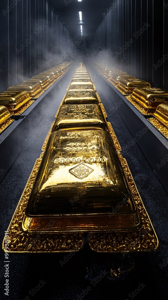 Poster rows of gleaming gold bars stored in a high-security vault, the ultimate symbol of wealth and protec