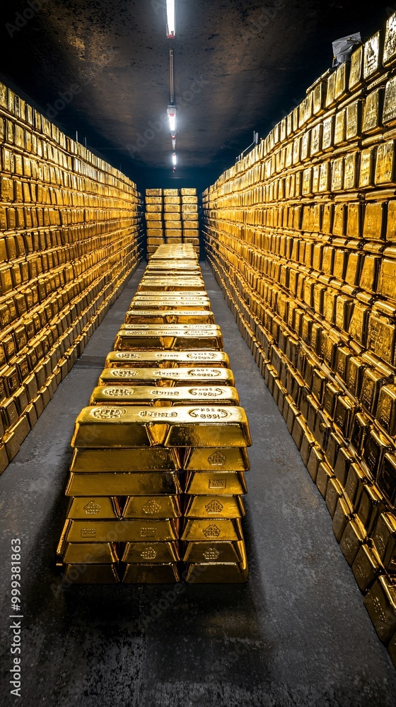 Poster rows of gleaming gold bars stored in a high-security vault, the ultimate symbol of wealth and protec