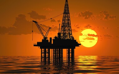 Obraz premium Oil rig silhouette against a vibrant sunset over the ocean