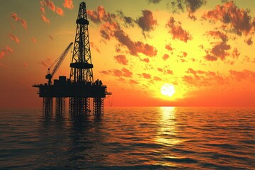 Oil rig silhouetted against a vibrant sunset over the ocean