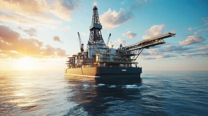 Obraz premium Offshore oil rig at sunset in calm waters