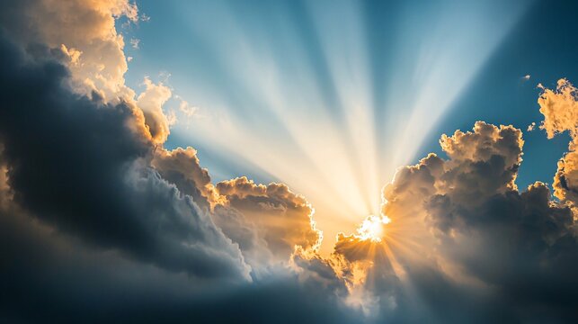 Golden rays of light breaking through dark storm clouds, illuminating the landscape below like a beacon of hope"