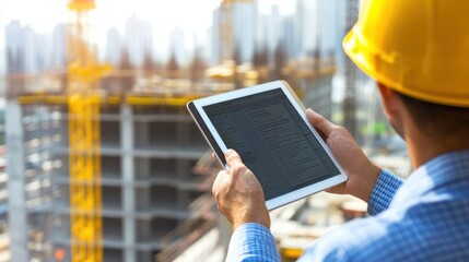 Generate a photo realistic image of project administrators reviewing construction project documentation, with project files, documentation folders, digital tablets, construction site 