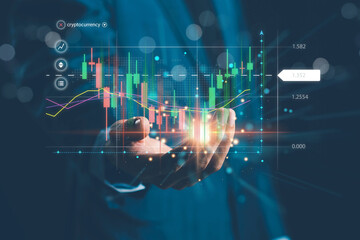 Businessmen investor think before buying stock market investment using smartphone to analyze trading data. trader is showing a growing virtual hologram stock on smartphone. Financial stock market.