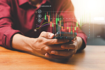 Businessmen investor think before buying stock market investment using smartphone to analyze trading data. trader is showing a growing virtual hologram stock on smartphone. Financial stock market.