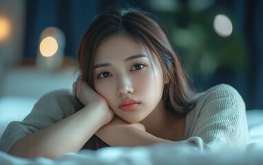 Asian woman feeling stressed and anxious from insomnia, unable to sleep, lying awake in bed with alarm clock, dealing with health care problem and noise disturbance
