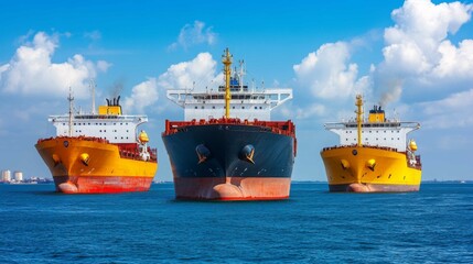 Three colorful cargo ships are anchored in calm blue waters under a partly cloudy sky, showcasing maritime transportation and industry.