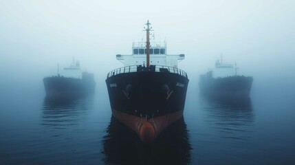 Fototapeta premium Three silhouetted ships emerge from a dense fog, creating a mysterious, serene atmosphere on calm waters.