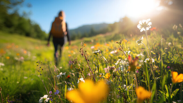 Person hiking through vibrant spring fields with blooming flowers and lush greenery under bright sunlight
