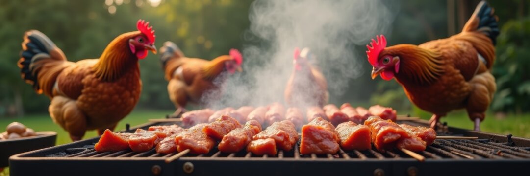 A vibrant outdoor scene featuring grilled skewers and curious chickens. Perfect for food photography, culinary blogs, or BBQ event promotions.