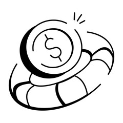 Money with lifebuoy showing concept of safe investment, doodle icon 

