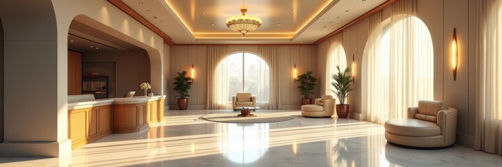 Fototapeta premium Modern and elegant interior lounge with soft lighting, luxurious furnishings, and a welcoming atmosphere ideal for upscale business settings or hospitality designs.