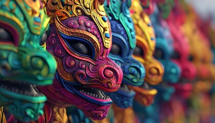 Colorful decorative masks featuring intricate designs and vibrant colors, perfect for cultural celebrations and artistic displays.