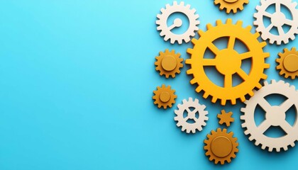 Colorful array of gears arranged on a blue background, symbolizing mechanical engineering and innovation.