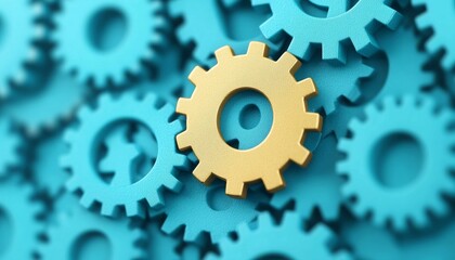 A golden gear stands out among a background of turquoise gears, symbolizing innovation and collaboration in mechanics and engineering.