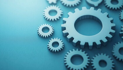 A collection of metallic gears against a blue background, symbolizing engineering, mechanics, and industry.