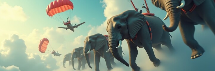 A whimsical scene featuring elephants parachuting through the sky, creating a playful and imaginative atmosphere perfect for creative projects.