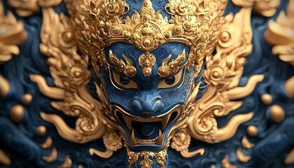 Fototapeta premium Intricate blue and gold sculpture depicting a mythological creature, showcasing detailed artistry and cultural significance.