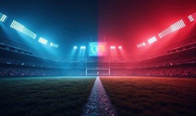 A dynamic view of a rugby stadium illuminated with vibrant blue and red lights, perfect for sports marketing, event promotions, or team branding.