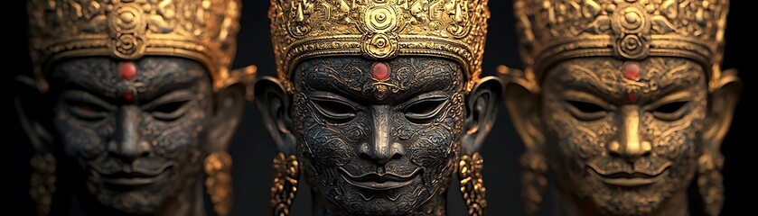 Intricate statues depicting ancient deities, showcasing detailed craftsmanship and rich cultural symbolism in various shades and textures.