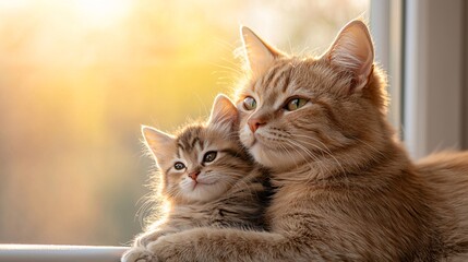 Obraz premium Ginger cat and kitten cuddling by the window