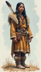 Fototapeta premium A portrait of a Native American woman in traditional attire, showcasing cultural heritage and craftsmanship, ideal for educational, historical, and cultural projects.