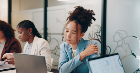 Tired, stress and businesswoman in office in meeting for mistake, crisis or failure in project....