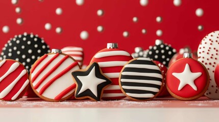 Obraz premium Colorful holiday cookies decorated like ornaments, displayed against a bright red background with a festive, cheerful vibe.