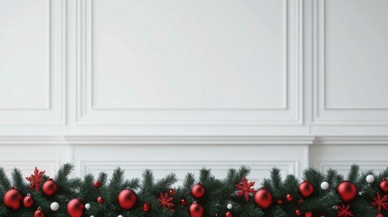 A festive garland of red ornaments and greenery adorns a simple white wall, setting a cheerful holiday atmosphere.
