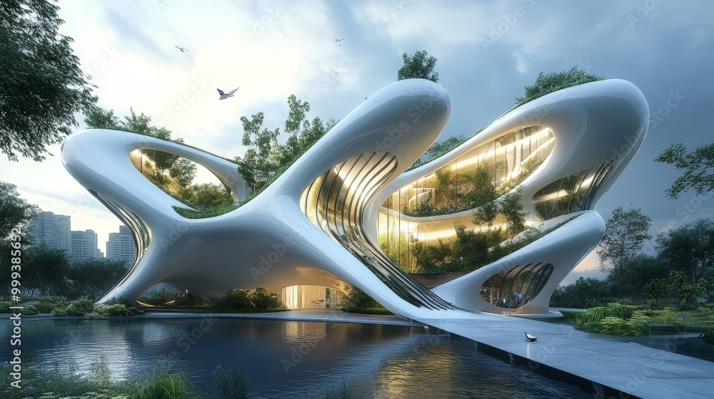 Poster a parametric design concept for a sustainable building, with responsive elements that adjust to natu