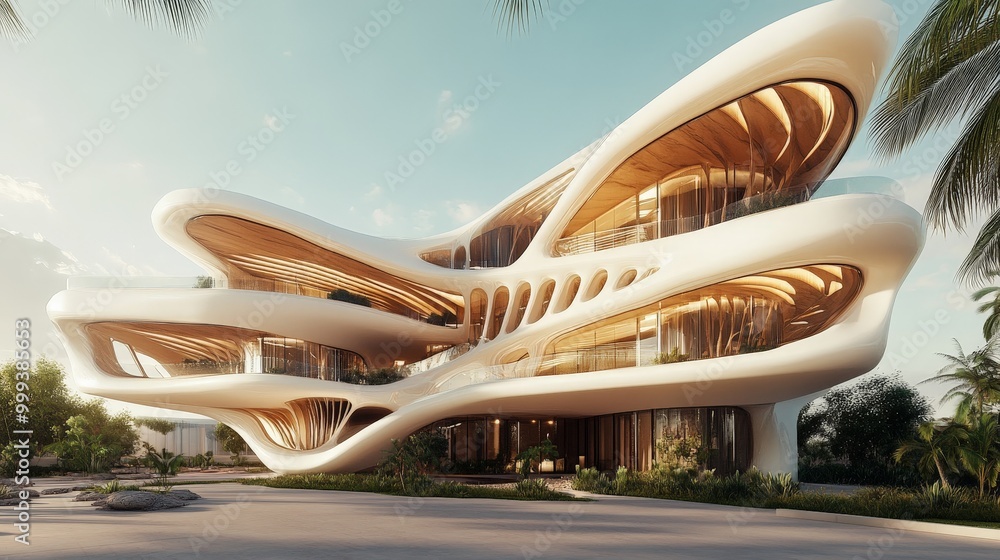 Poster a parametric design concept for a sustainable building, with responsive elements that adjust to natu