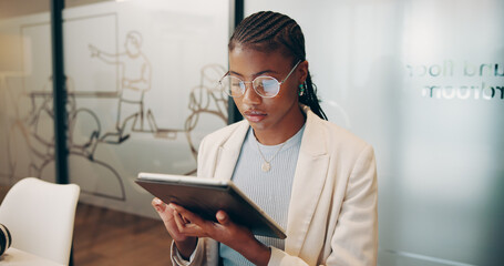 Black woman, coordinator and reading with tablet or glasses for strategy, ideas or research at...