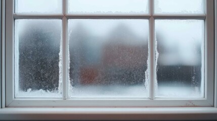 A close-up view of a frosted windowpane, showcasing condensation and frost patterns, creating a blurred background effect.