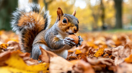 Obraz premium close up of squirrel holding nut, surrounded by autumn leaves, captures essence of natures beauty. vibrant colors and playful expression evoke sense of joy and curiosity