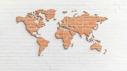 A brick-patterned world map on a white wall, blending urban design with a global theme.