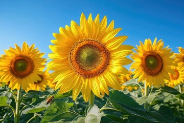 Fototapeta premium Bright sunflower standing tall against blue sky, beauty.