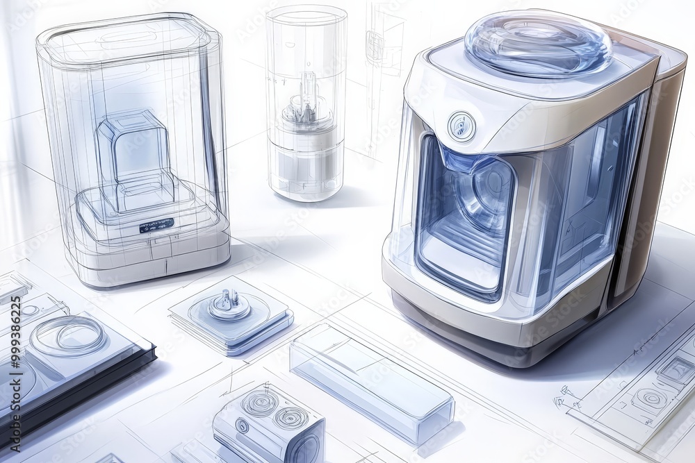 Poster a product design process visualized with sketches, prototypes, and final renders of a cutting-edge h