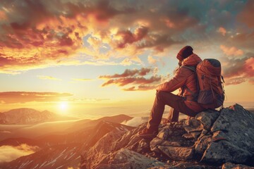 Obraz premium A man is sitting on a rock with his backpack on, looking out at the sunset, generative ai image