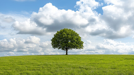 lone tree stands majestically in middle of vast green landscape, surrounded by fluffy clouds and bright blue sky, evoking sense of tranquility and peace